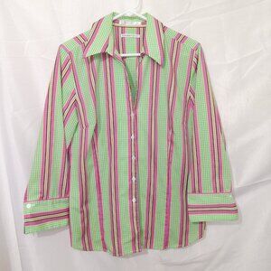 Foxcroft Sport Womens 10 Preppy Pink Green Stripe Button Down Spring Shirt